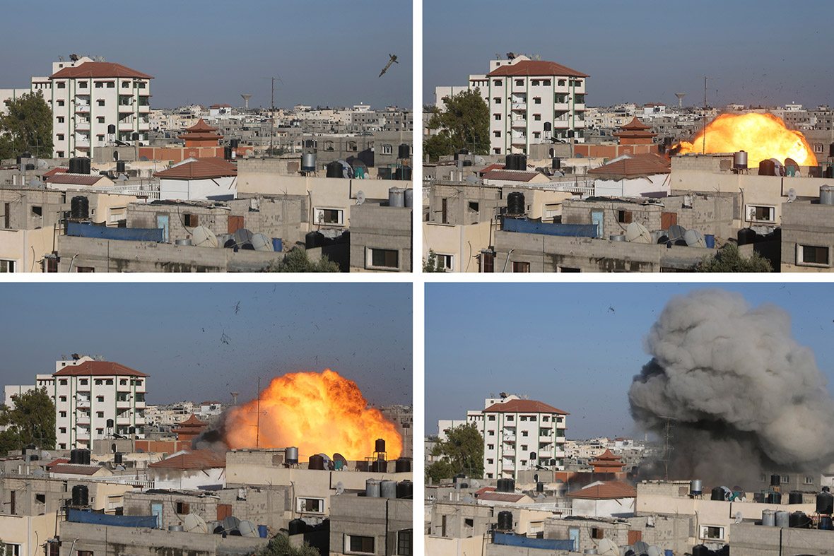 A combination of pictures shows a missile that was fired by an Israeli aircraft hit the house of Palestinian senior Islamic Jihad leader Nafez Azzam in Rafah in the southern Gaza Strip