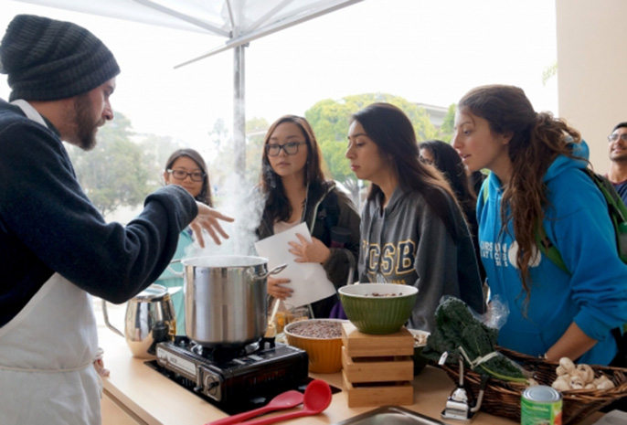 Chef Mickael Blancho of UCSB's University Center Dining Services, better known as the UCSB Soup Guy, gives a cooking demonstration to kick off the new Food, Nutrition and Basic Skills Program for students. 