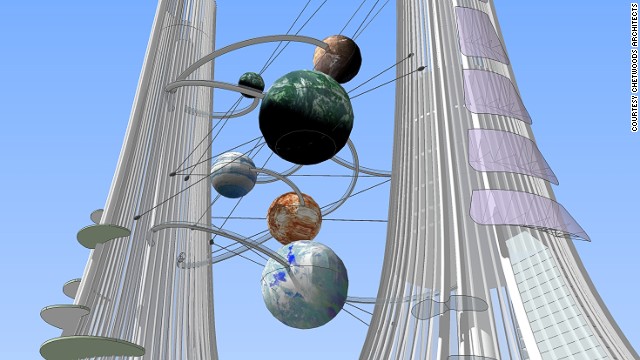 Three of the spheres in between the towers will serve as celestial-themed restaurants. There are also plans for a giant, wind-powered kaleidoscope.