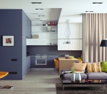 This colorful apartment in Kiev was designed by Andrew Sokruta – filled with oceanic and tropical hues throughout. Immediately, the most noticeable feature is the large volume that separates the kitchen from the hallway to the left. It houses some extra storage on the kitchen side in addition to providing a nice interior compartment for added useable space accessible from the hall.