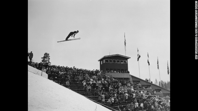 An Olympic ski jumper takes flight at the Winter Olympics in Oslo, Norway, in 1952. 