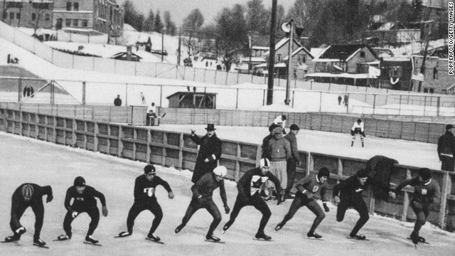 Skaters prepare for the start of the men's 10,000-meter speed skating event in Lake Placid, New York, in 1932. Irving Jaffee of the United States won the gold, with Ivar Ballangrud of Norway and Frank Stack of Canada taking silver and bronze, respectively. 