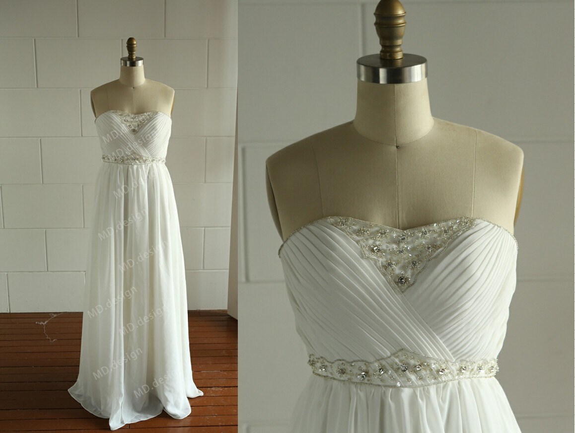 Long Chiffon Beaded Simple Wedding Dress Bridesmaid Dress Prom Dress Strapless Dress