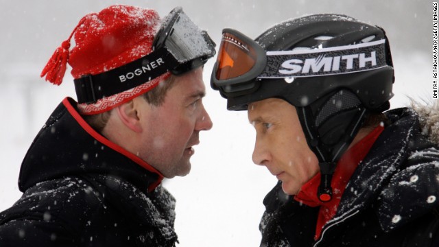 Russian President Medvedev and Prime Minister Putin ski together in Krasnaya Polyana, near the Black Sea resort of Sochi in southern Russia, on January 3, 2010.