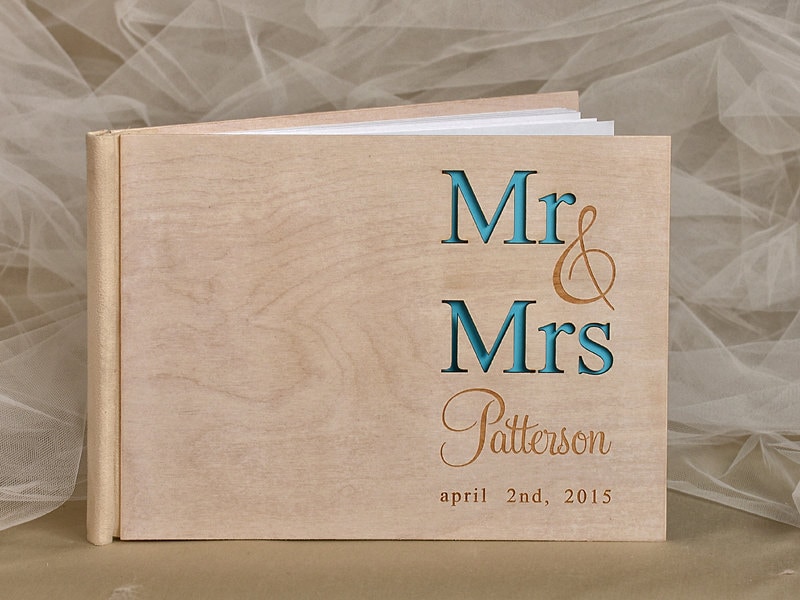 Custom Wood, Wooden Wedding Guest Book, Modern Timber Guestbook, Laser Engraved Names Bride and Groom
