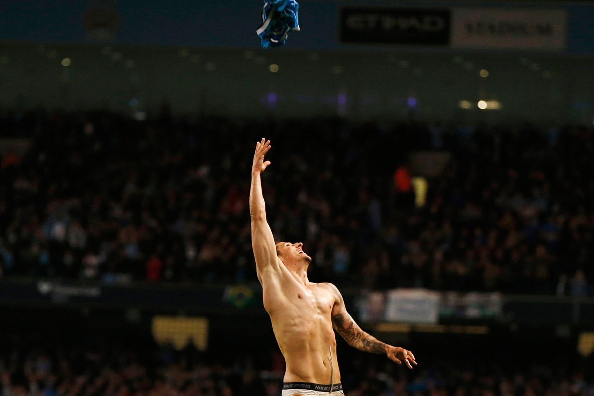 Manchester City's Stevan Jovetic celebrates after scoring a goal against Aston Villa at the Etihad Stadium in Manchester.