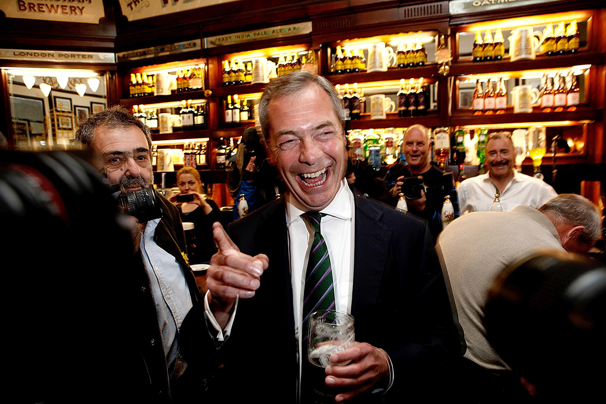 Nigel Farage, leader of Ukip, has a celebratory drink at the Westminster Arms pub in London before giving a press conference