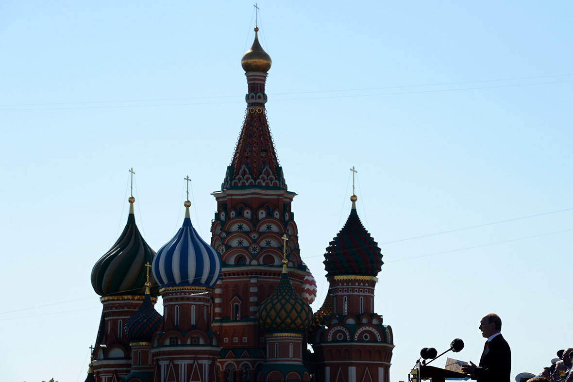 Russia's President Vladimir Putin speaks in front of St Basil's Cathedral on Red Square during the Victory Day parade.