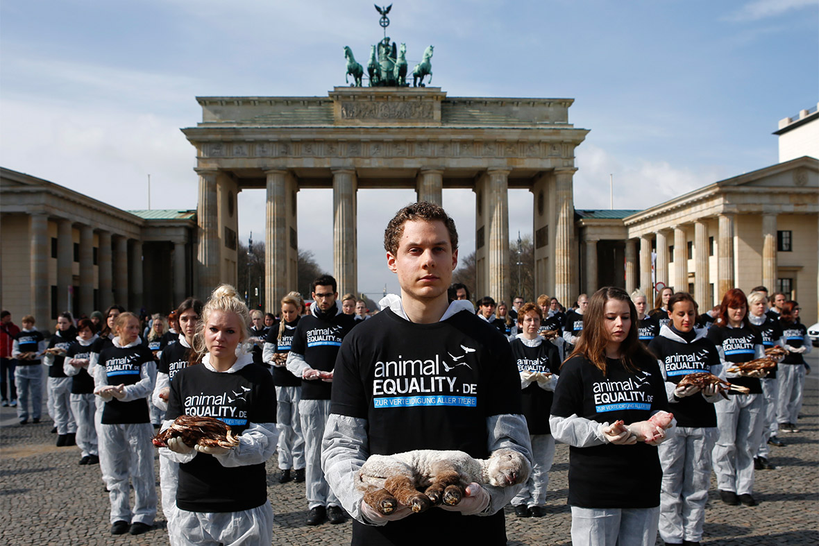 Activists of the animalEQUALITY hold animals that died in factory farming and laboratories, to protest against intensive animal husbandry at the Brandenburg Gate in Berlin