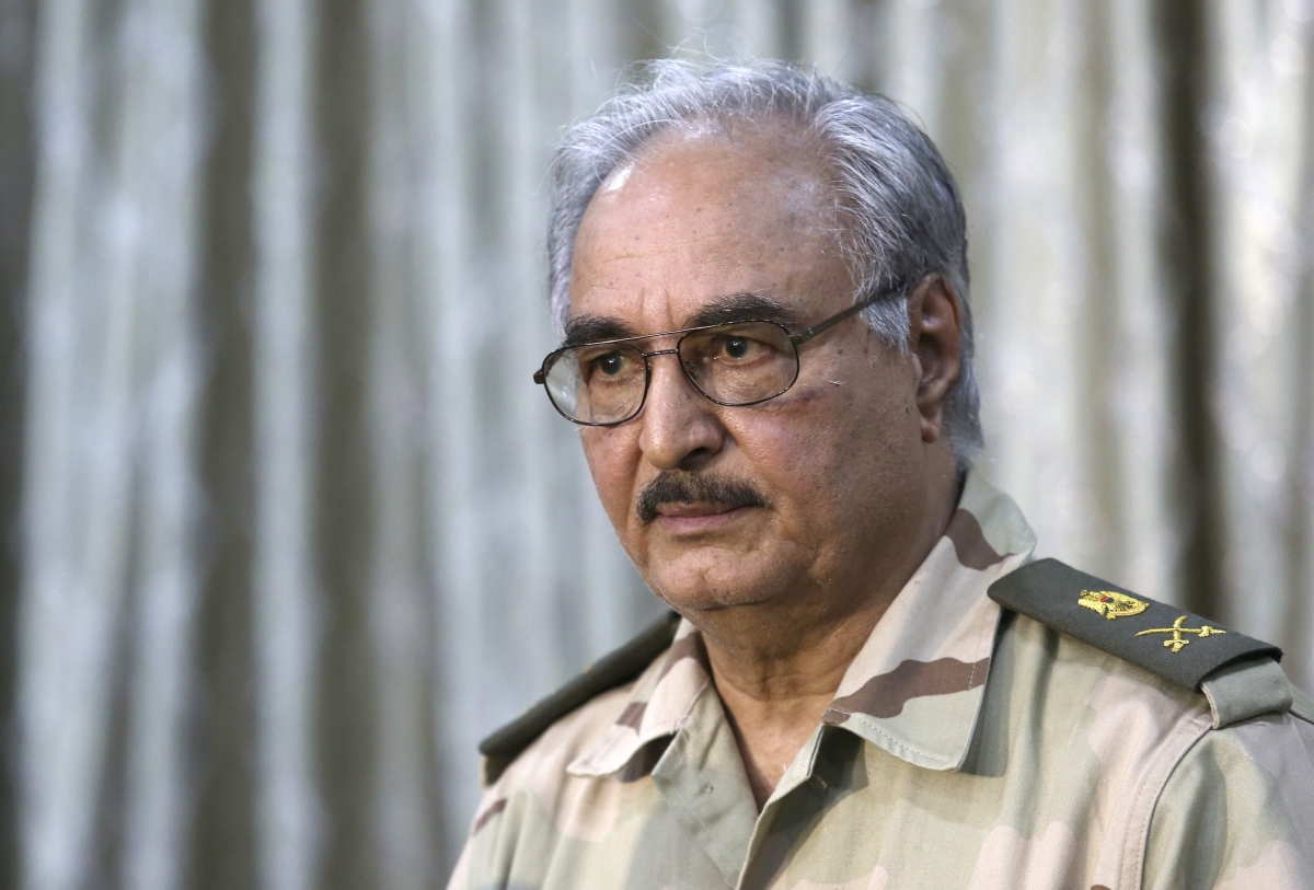 General Khalifa Haftar attends a news conference in Abyar, a small town to the east of Benghazi