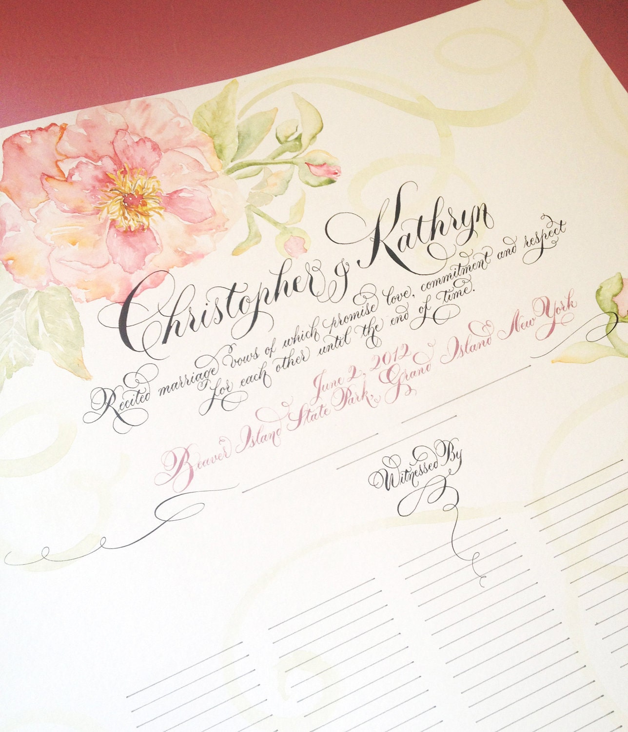 Hand illustrated Wedding Sign-In Scroll with Names, Date, Place and Quote