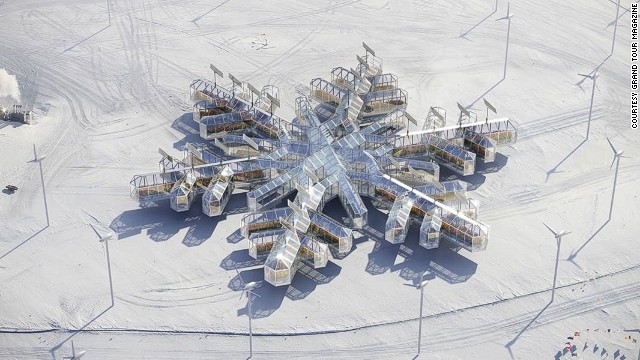 Antarctica is the first continent ever to be represented at the Biennale, artists and architects explore the future of the continent. A snowflake-shaped greenhouse is pictured in Antarctica. 