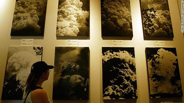 Numerous photographs of the mushroom cloud created when the atomic bomb was dropped are on display in the Hiroshima Peace Memorial Museum. 