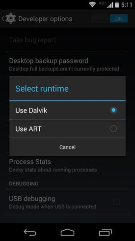 Screenshot of an Android "KitKat" phone with the option to use ART