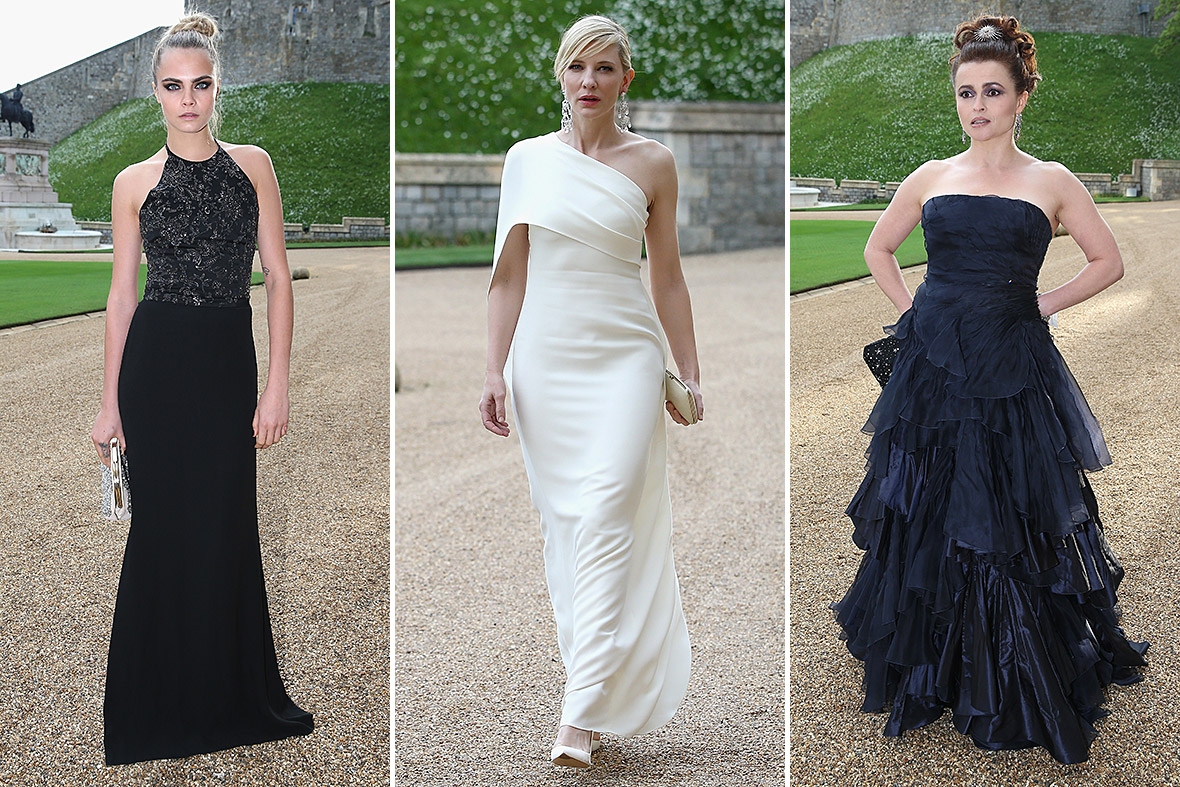Cara Delavigne, Cate Blanchett and Helena Bonham-Carter arrive for a dinner to celebrate the work of The Royal Marsden Hospital hosted by Prince William at Windsor Castle