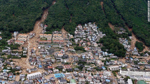 This aerial view shows the damage caused by a landslide after heavy rains hit the city of Hiroshima, western Japan, on Wednesday, August 20.