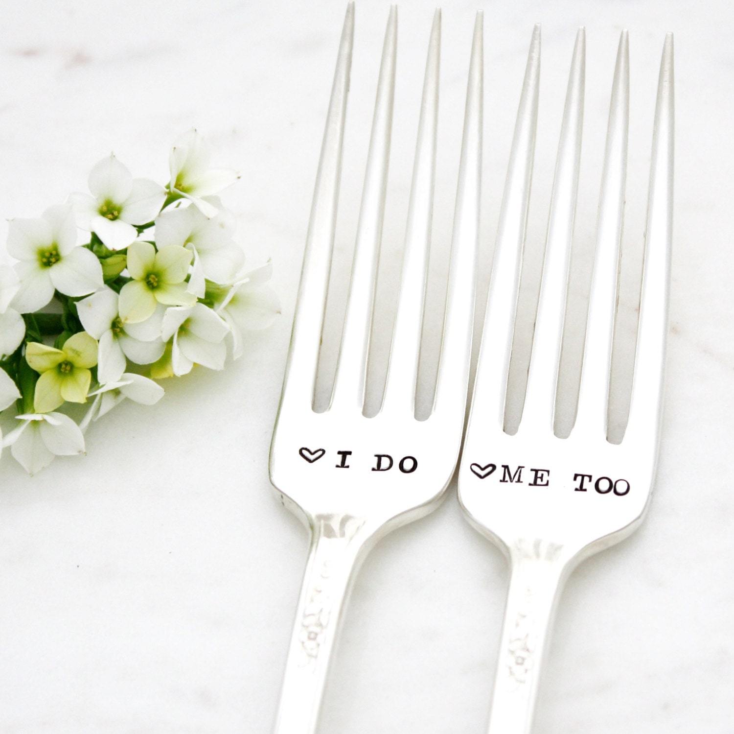 I do and Me Too silverware. Hand stamped wedding forks for unique engagement gift.