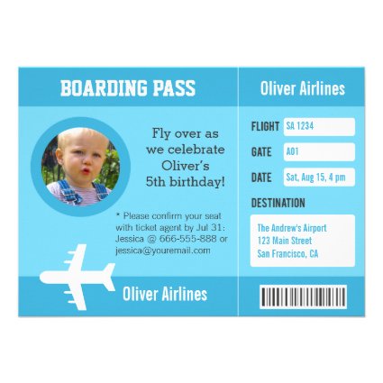Photo Airplane Boarding Pass Birthday Party Announcements