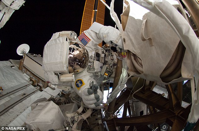US-based spacewalks were curtailed in July 2013 after Italian astronaut Luca Parmitano nearly drowned because of a flooded helmet. Nasa solved the problem with the suit's water-cooling system, but then concern arose over the spacesuit batteries. Here, astronaut Reid Wiseman grapples with a cord outside the ISS