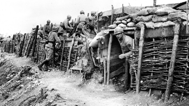 French soldiers are seen at a front-line trench in Italy. During World War I, the Allied Powers consisted of Belgium, France, Great Britain, Greece, Italy, Montenegro, Portugal, Romania, Russia, Serbia and the United States. The Central Powers consisted of Austria-Hungary, Bulgaria, Germany, and Ottoman Empire (now Turkey).