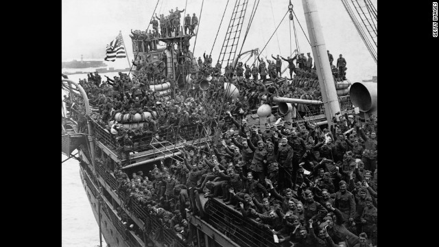 U.S. troops returning home from France are seen on the USS Agamemnon in Hoboken, New Jersey, in 1919.