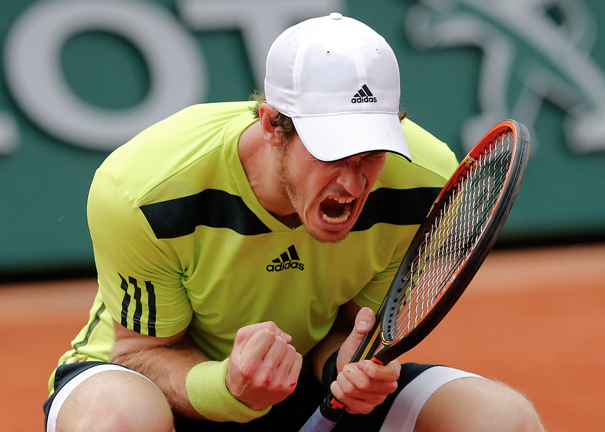 Andy Murray of Britain reacts after winning his men's singles match against Philipp Kohlschreiber of Germany at the French Open at Roland Garros