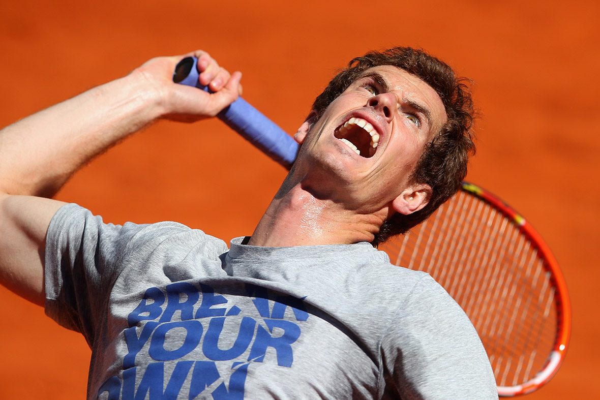 Andy Murray of Great Britain serves during a practice session on day one of the Mutua Madrid Open tennis tournament.
