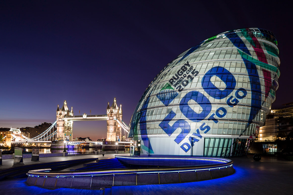A light projection transforms City Hall in London into a giant rugby ball to mark 500 days to go until the start of Rugby World Cup 2015.