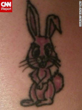 Kathy Lake also chose an animal motif on her calf to honor her mother's memory. Her mom liked rabbits, and Lake made her rabbit purple to also represent her mom's favorite color. "She had diabetes and had a lot of complications from it, so when I got the tattoo, it may have hurt me for a few minutes, but I toughed it out because I thought about all the pain she dealt with throughout her life and she never complained," said Lake.