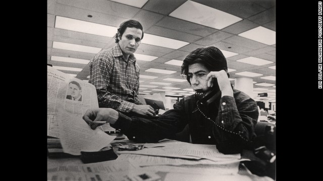 In April 1973, Woodward, left, and Bernstein work the Watergate story from the Washington Post newsroom. 