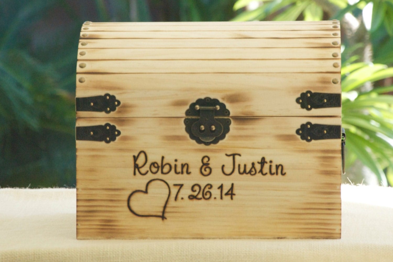 Medium Rustic Wedding Card Box - Treasure Chest - Burned/Engraved - Personalized Rustic Card Box - Torched and hand Burned/Engraved