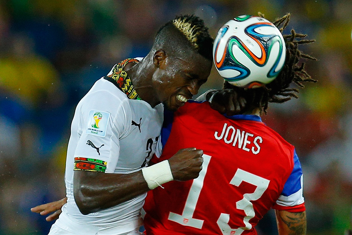 Ghana's John Boye vies for the ball with Jermaine Jones of the US during their World Cup match