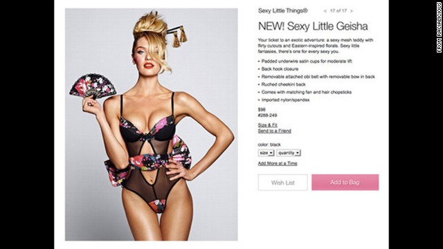 Victoria's Secret pulled its "Sexy Little Geisha" lingerie in September 2012 after Asian-Americans called it offensive on websites like Racialicious.