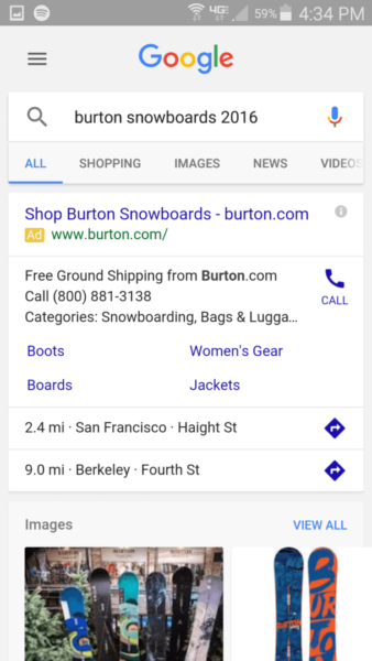 Mobile search - Burton snowboards - one ad