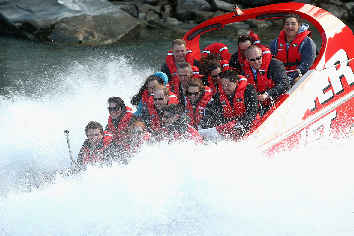 Kate Middleton and Prince William take a spin on the Shotover Jet, a 50mph jet boat, on the Shotover River in Queenstown, New Zealand