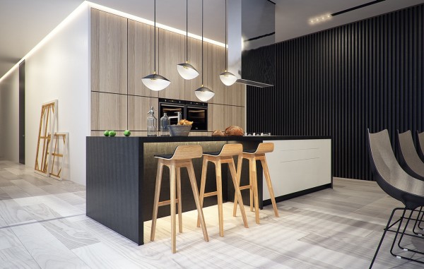 A simple kitchen area with wooden bar stools is very open and modern.
