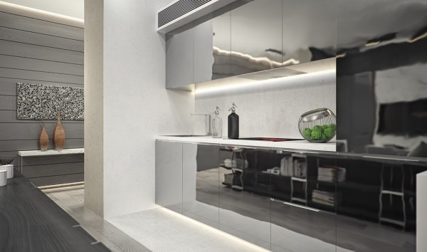 Reflective kitchen cabinetry makes light bounce around the room playfully but looks super slick.