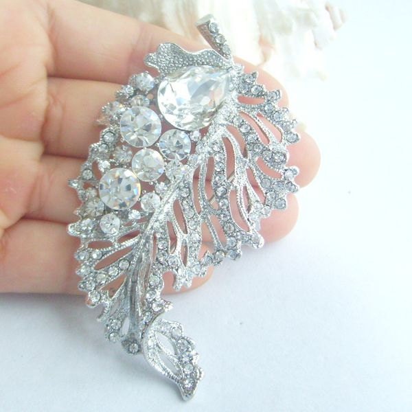 Wedding Accessories, Bridesmaid Jewelry, Bouquet Brooch, Wedding Bridal Rhinestone Crystal Leaf Brooch Pin BP06047C1