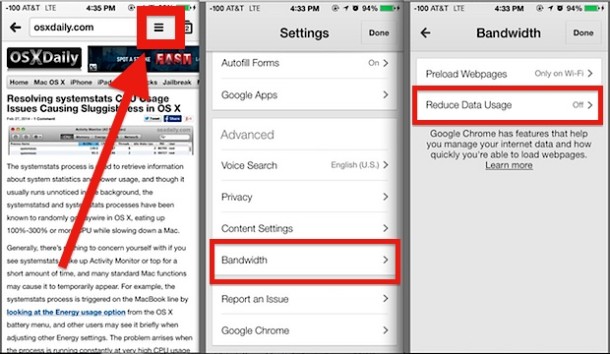 Reduce data usage in Chrome for iOS