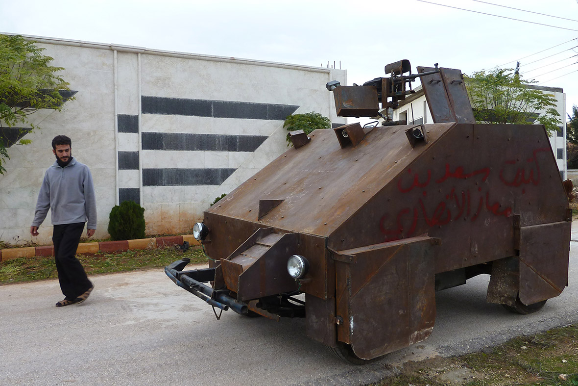 Sham II, a home-made armoured vehicle made by the rebels' Al-Ansar brigade, near Aleppo