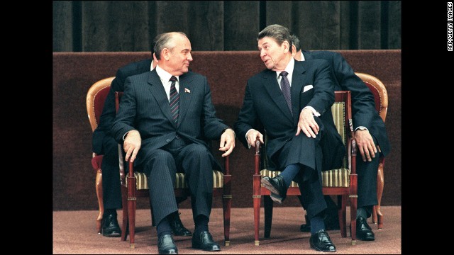 President Ronald Reagan talks to Soviet leader Mikhail Gorbachev during a two-day summit between the superpowers in Geneva, Switzerland on November 21, 1985. Gorbachev ushered in an era of economic reforms under perestroika and greater political freedoms under glasnost. Two years later, Reagan and Gorbachev signed the Intermediate Range Nuclear Forces Treaty in Washington. It mandated the removal of more than 2,600 medium-range nuclear missiles from Europe, eliminating the entire class of Soviet SS-20 and U.S. Cruise and Pershing II missiles.