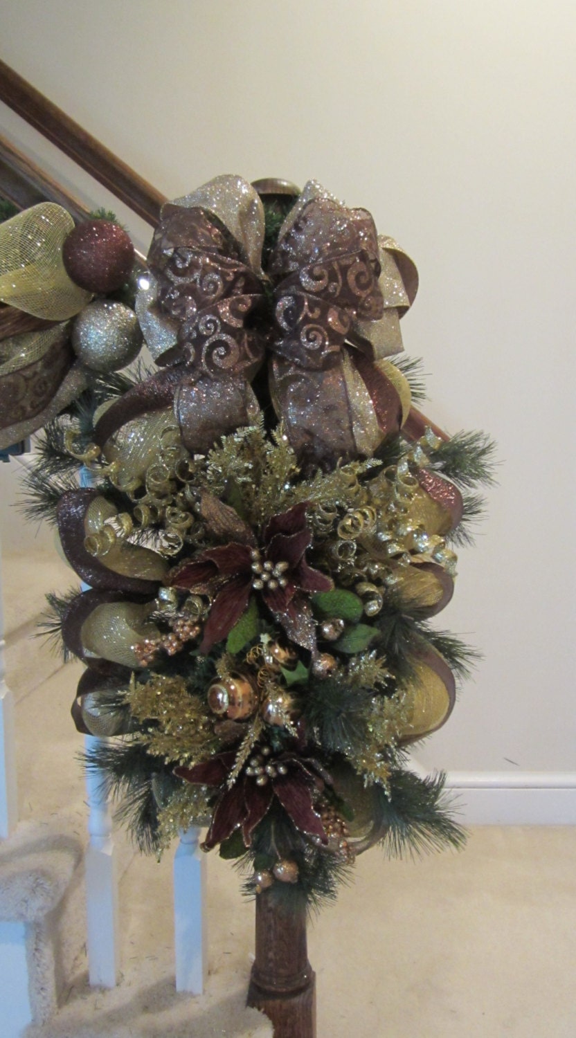 Christmas Swag Wreath, Pine, Mesh Tear Drop Gold, Bronze Chocolate, Staircase, Mantel. Door, Wall, Indoor, Outdoor Custom Made Holiday Decor