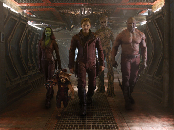 Gamora (Zoe Saldana), Rocket Racoon (voiced by Bradley Cooper), Peter Quill/Star-Lord (Chris Pratt), Groot (voiced by Vin Diesel), and Drax the Destroyer (Dave Bautista) in Guardians of the Galaxy. 