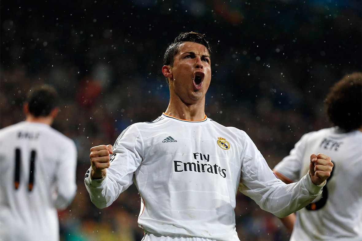 Cristiano Ronaldo of Real Madrid celebrates his goal against Borussia Dortmund during their Champions League quarter-final first leg match at Santiago Bernabeu stadium in Madrid