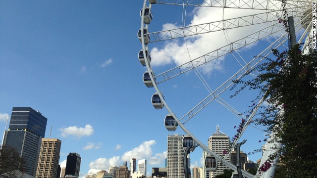 At the northern entrance of South Bank Parklands, the Wheel of Brisbane stands 60 meters tall. Each of the 42 air-conditioned capsules seats up to six adults and two children for a 12-minute ride.