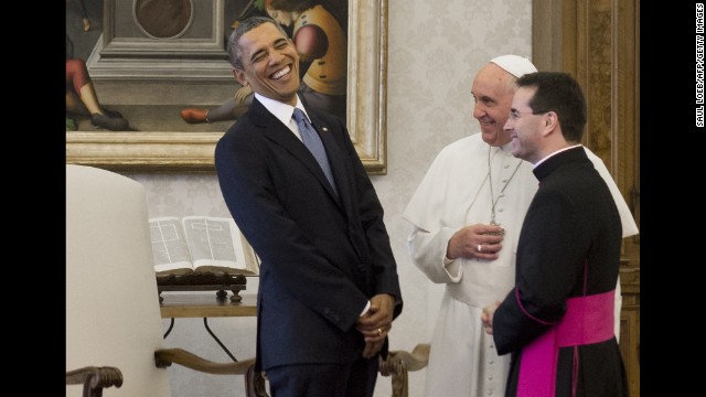Francis speaks with U.S. President Barack Obama, who visited the Vatican on March 27.