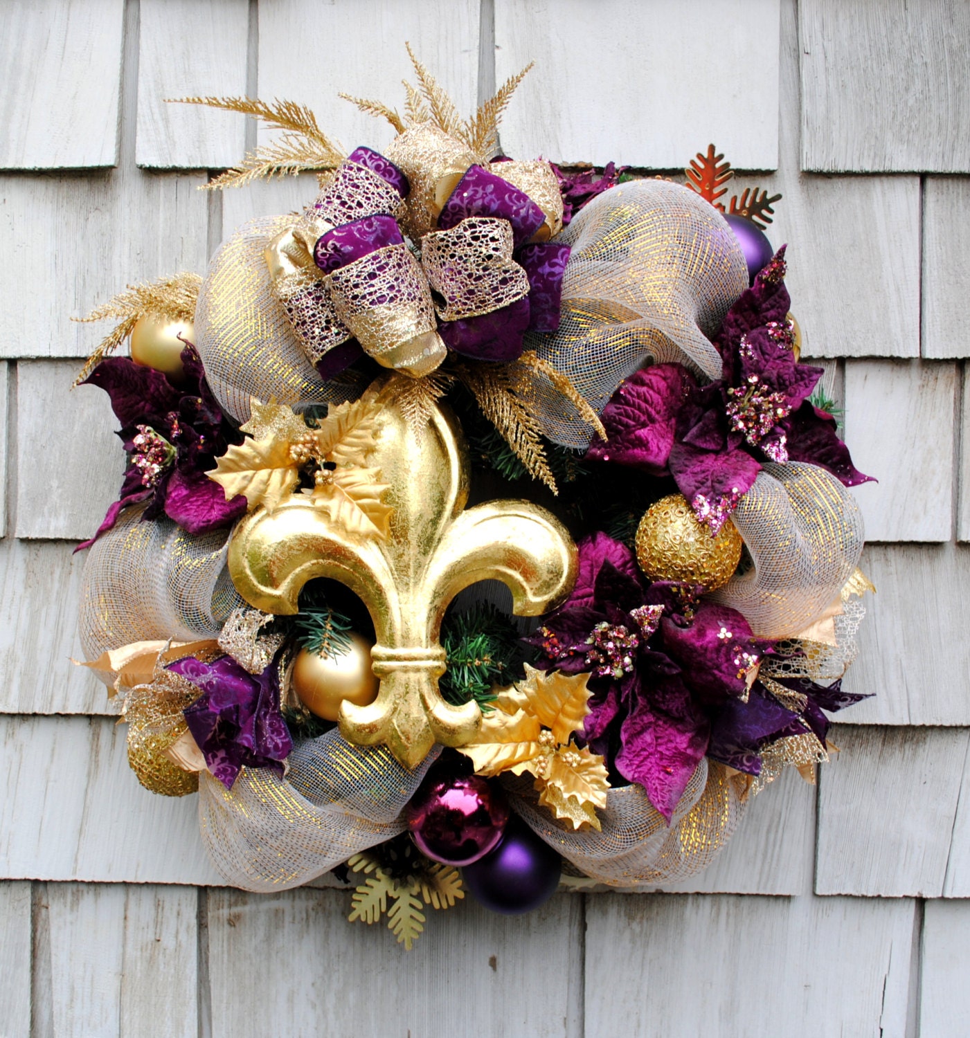 Christmas Wreath for the Door in an Elegant Gold and Purple with a XL Gold Fleur De Lis