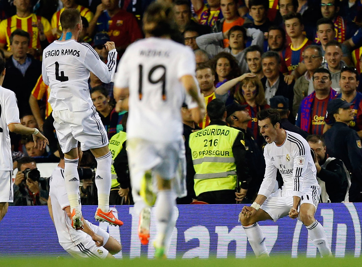 Real Madrid's Gareth Bale celebrates his goal against Barcelona at Mestalla stadium in Valencia