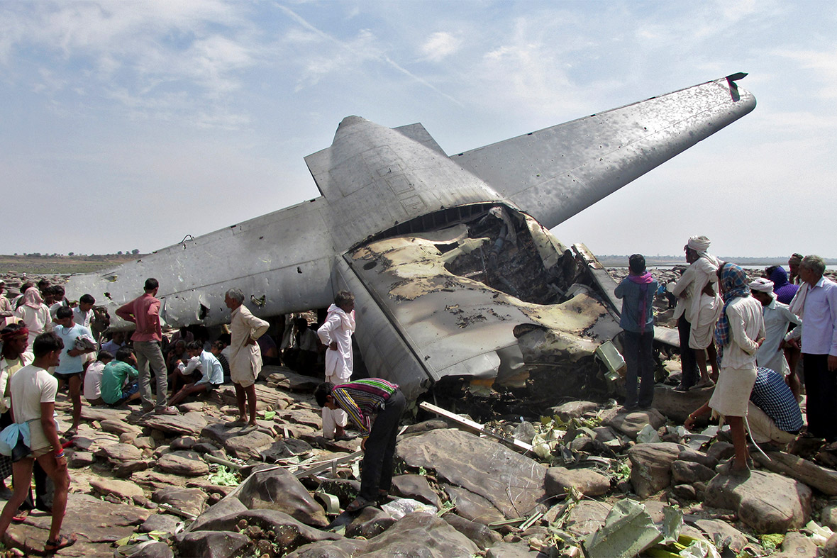 Wreckage of an Indian Air Force C-130J Hercules that crashed in the central Indian state of Madhya Pradesh, killing its crew of five