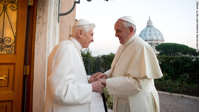 Pope Francis, right, meets with Pope Emeritus Benedict XVI at the Mater Ecclesiae monastery in the Vatican on December 23. Benedict surprised the world by resigning "because of advanced age." It was the first time a pope has stepped down in nearly 600 years.